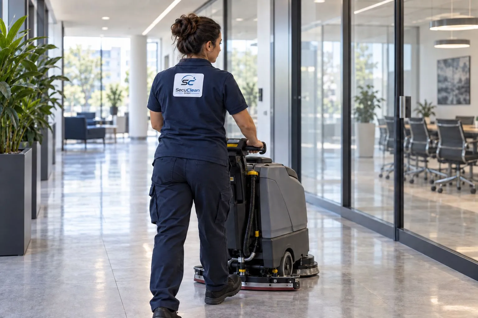 KI-generiertes Markenmotiv: SecuClean bei der Bodenreinigung