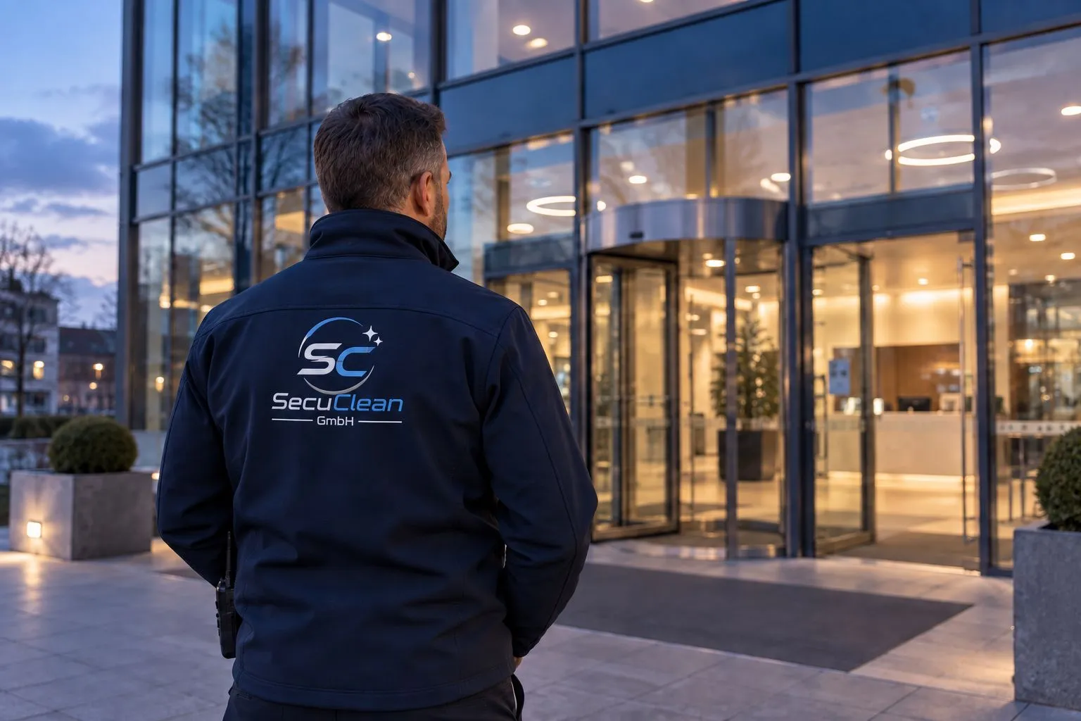 KI-generiertes Markenmotiv: SecuClean-Sicherheitskraft am Gebäudeeingang