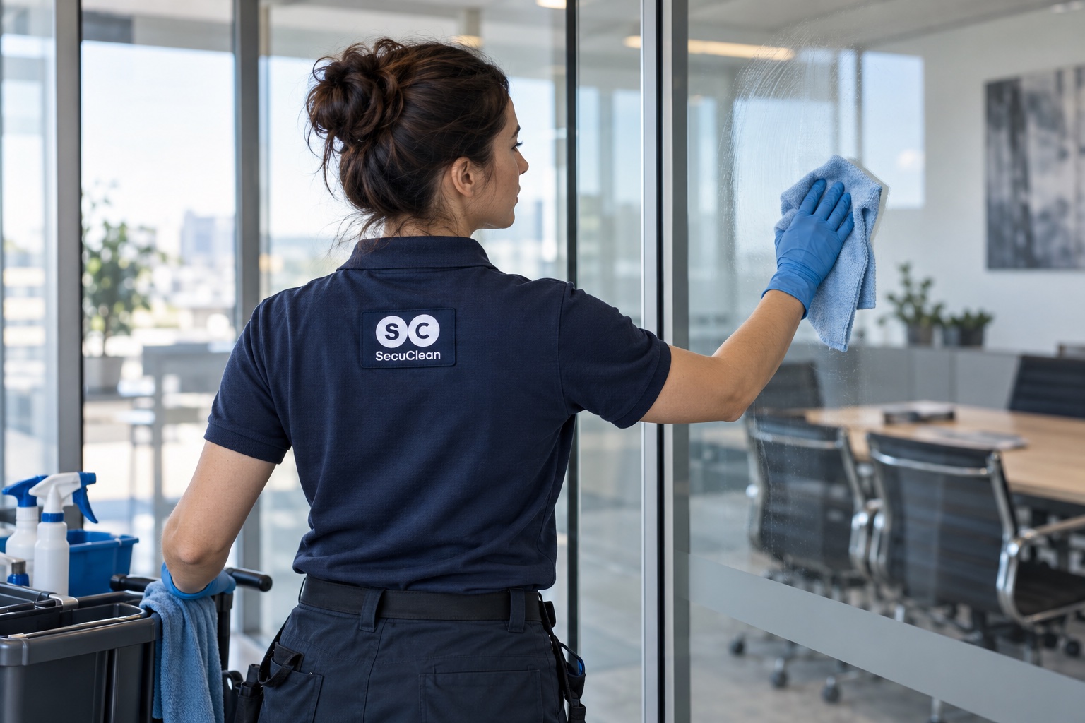Illustratives Markenmotiv: Glasreinigung in SecuClean-Arbeitskleidung