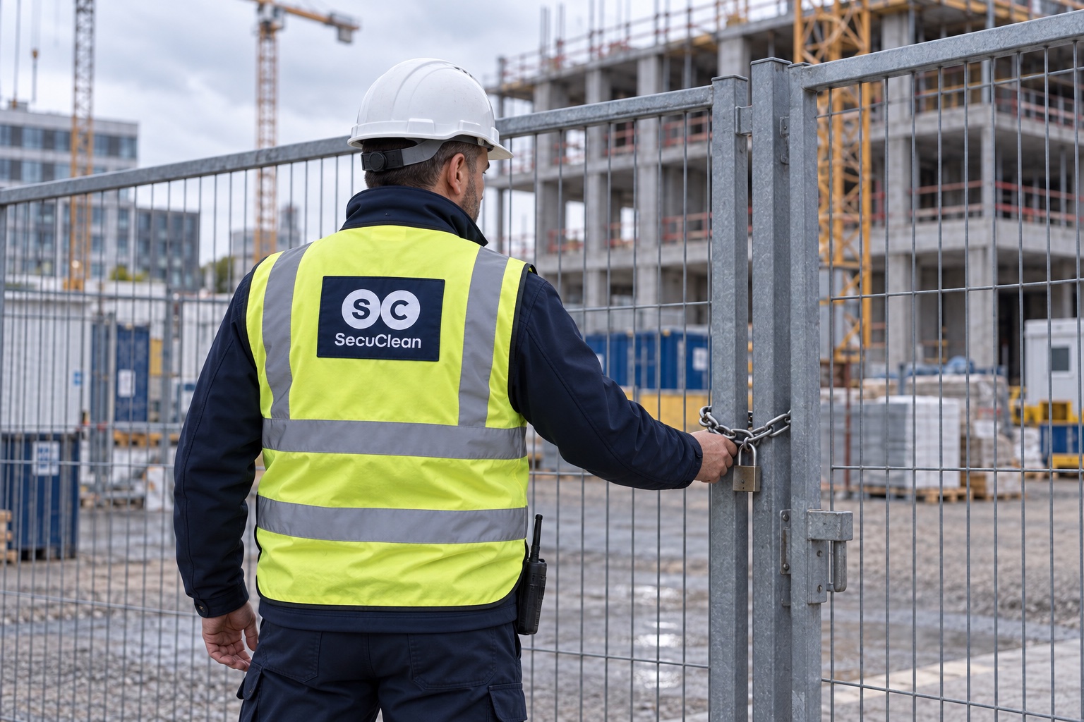 Illustratives Markenmotiv: SecuClean-Sicherheitskraft am Zugang einer Baustelle