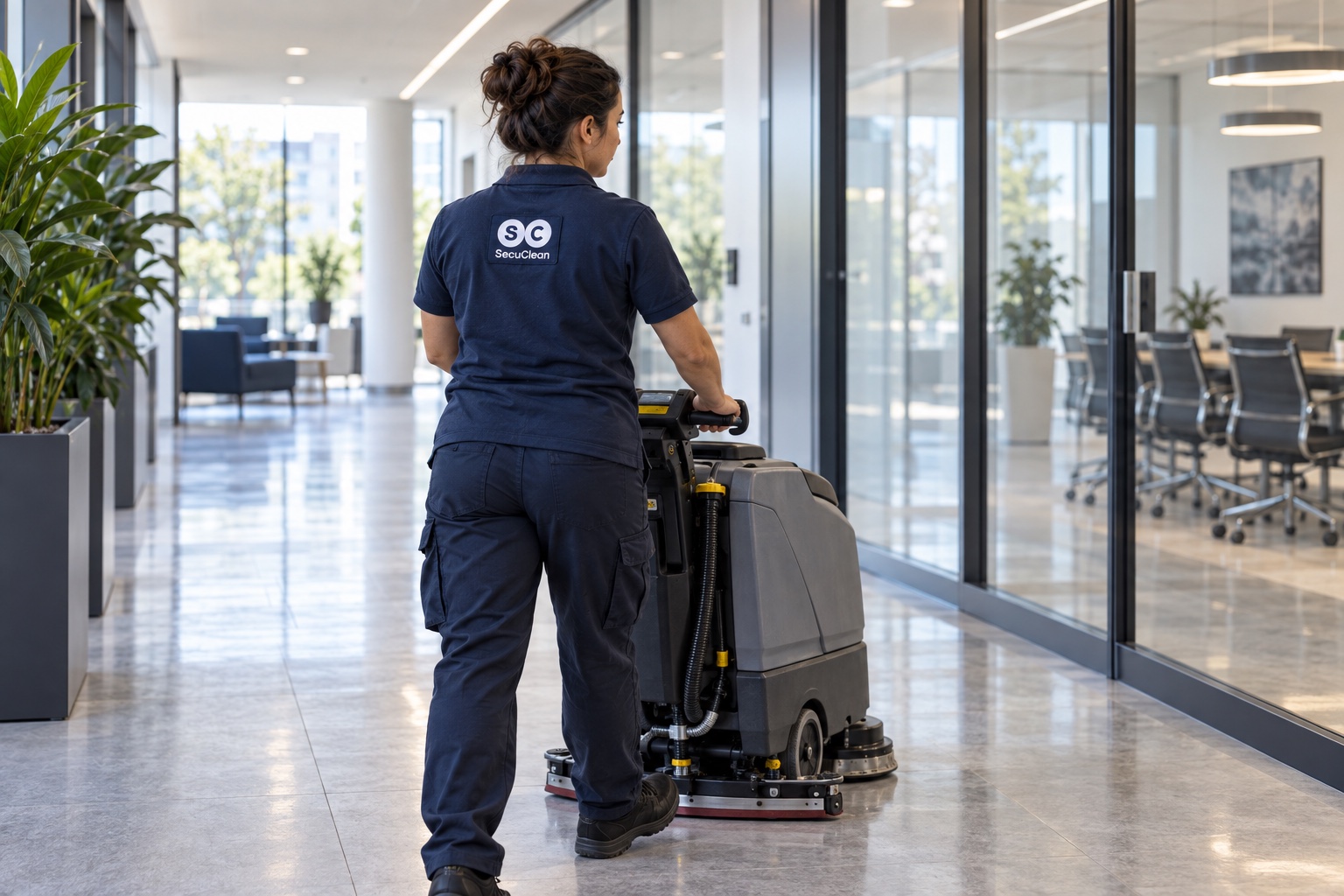 Illustratives Markenmotiv: Maschinelle Bodenreinigung in SecuClean-Arbeitskleidung