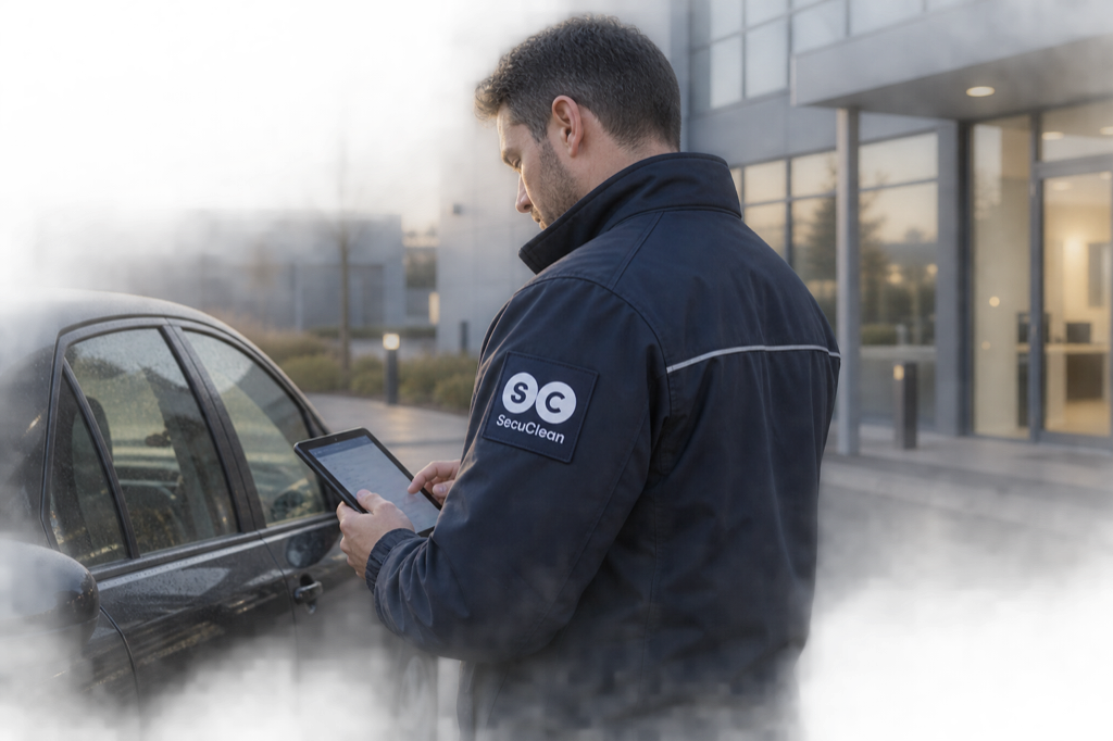 Illustratives Markenmotiv: Mobile Kontrolle in SecuClean-Arbeitskleidung