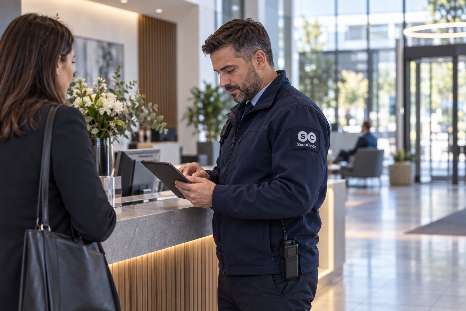 Illustratives Markenmotiv: Sicherheitsdienst mit SecuClean-Logo an einem Empfang