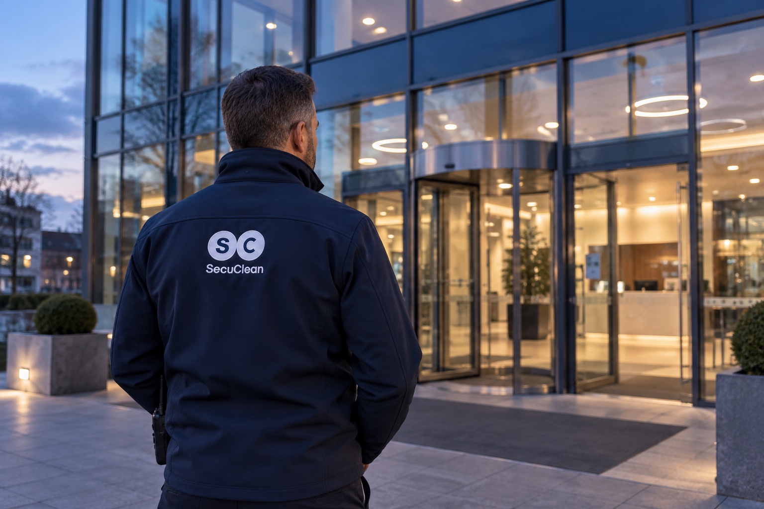 Illustratives Markenmotiv: Sicherheitskraft mit SecuClean-Logo am Gebäudeeingang
